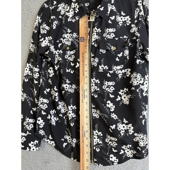 Michael Kors Jacket Womens Medium Black White Floral Full Zip Gold Accents Shirt - Picture 14 of 15